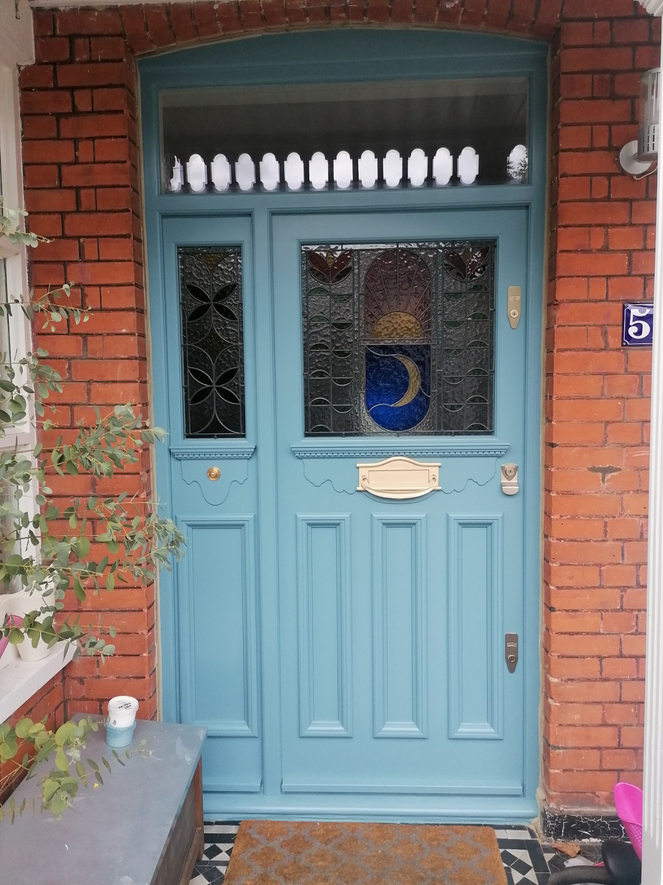 1930s front door with bronzework and stained glass