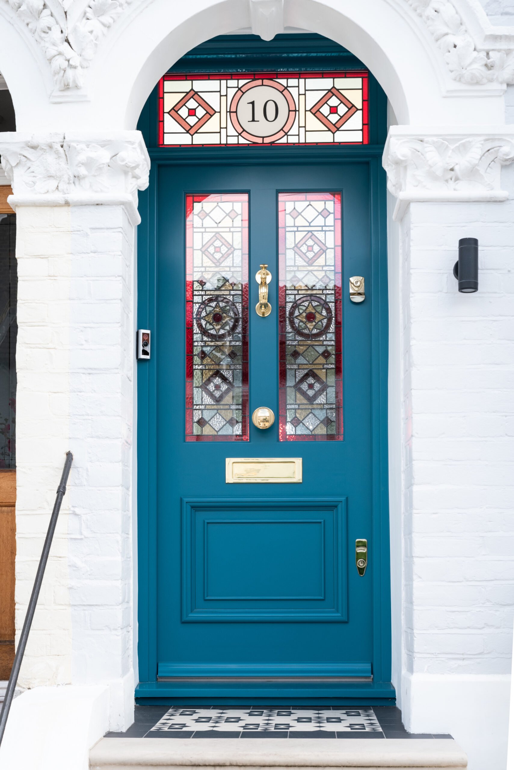 Blue Victorian Front Door with Stained Glass