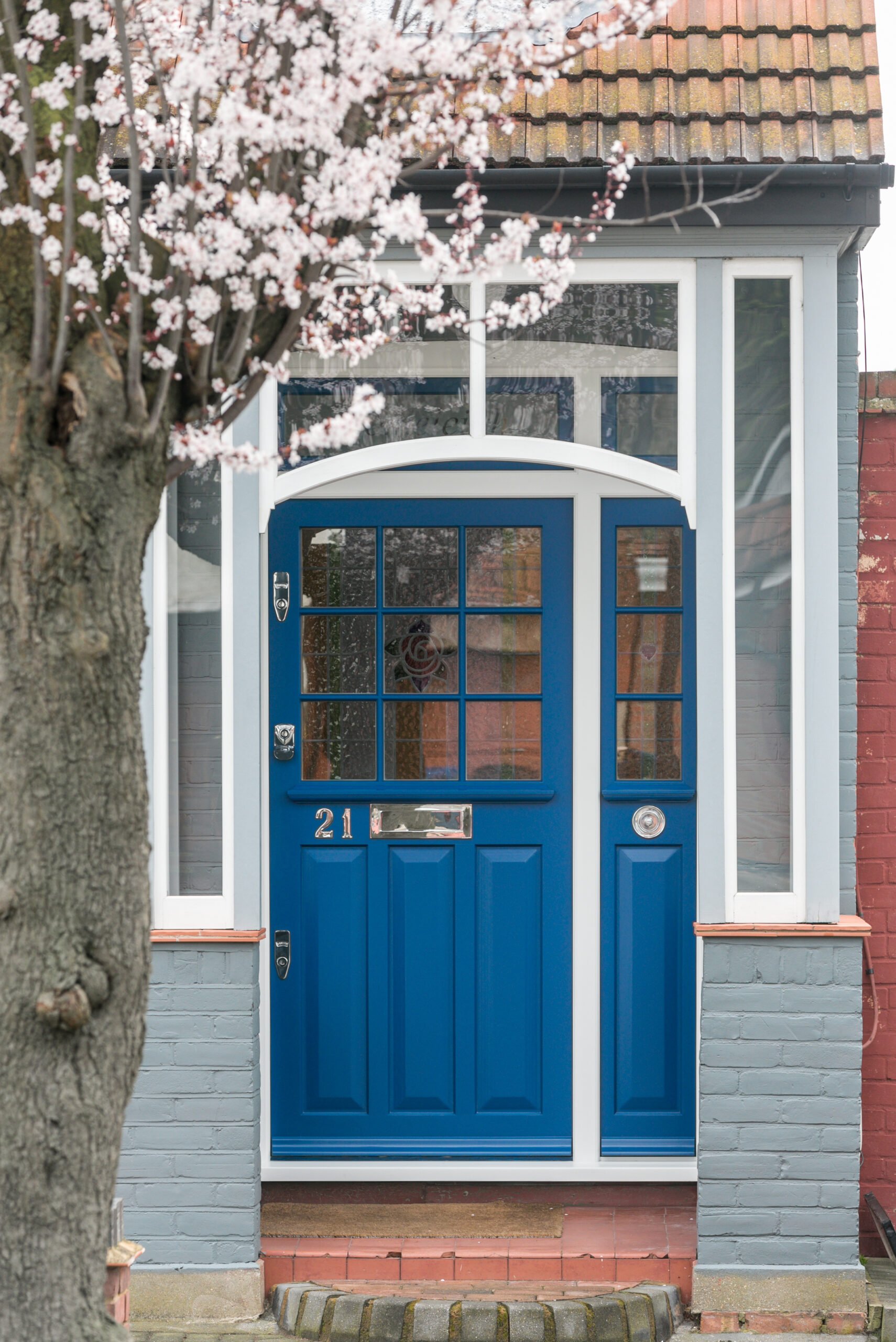Blue front door entrance
