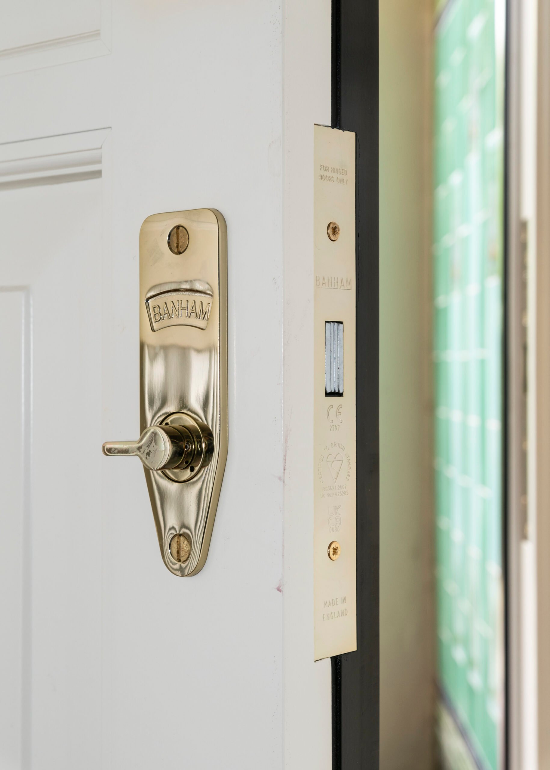 Close up of a white front door